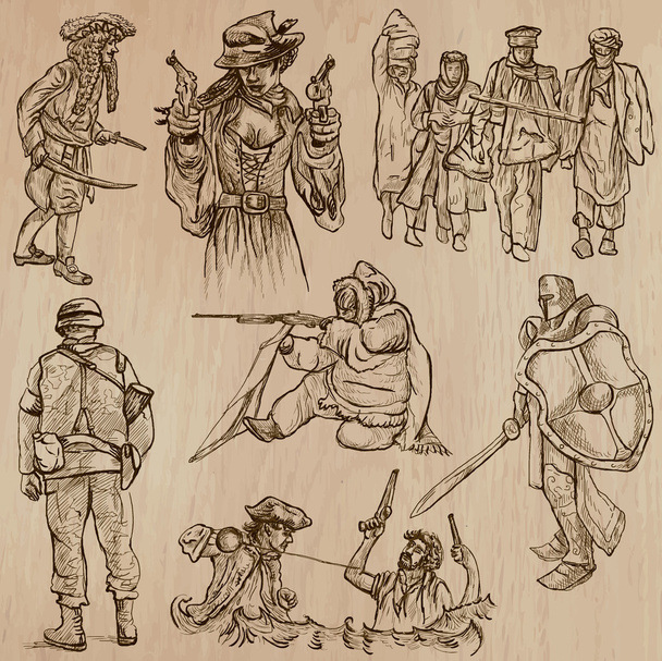 Warriors and Soldiers - Hand drawn vectors - Vektör, Görsel