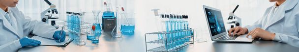 Grupo de científicos dedicados llevan a cabo experimentos químicos e investigación en laboratorio médico como el desarrollo innovador de medicamentos o antibióticos para vacunas. Laboratorio farmacéutico y bioquímico. Neotérico - Foto, imagen