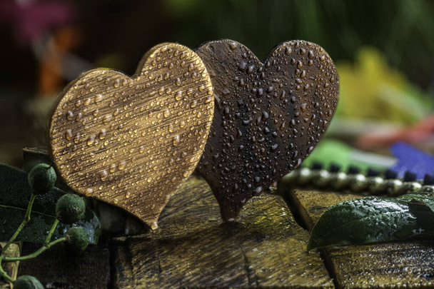 Valentine's Day, Love Heart, Romance on Wood water drops - Photo, Image