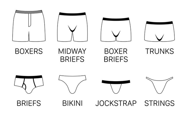 Pantalones de ropa interior blancos de diferentes tipos para hombre, iconos vectoriales de contorno aislados sobre fondo blanco. - Vector, imagen