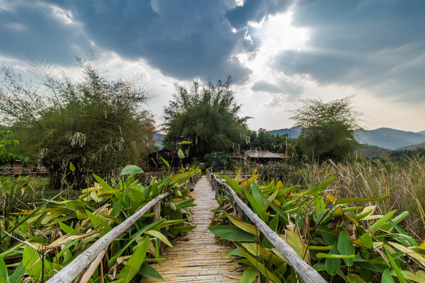 Бамбуковый мост рядом с водохранилищем с видом на горы и небо
 - Фото, изображение