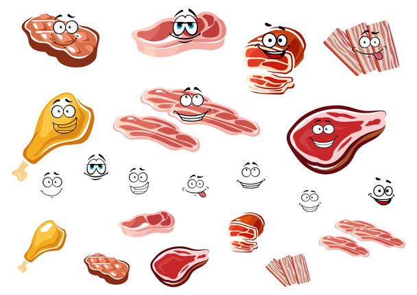 Γελοιογραφία τεμάχια κρέατος και κρέατος τροφίμων - Διάνυσμα, εικόνα