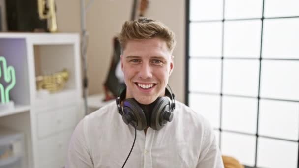 音楽スタジオの自宅でヘッドフォンを着て,彼のサウンドにチューニングしている若い白人男性ミュージシャン - 映像、動画