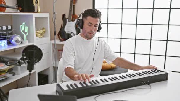 Portrait franc de jeune homme hispanique profondément dans la pensée, jouant du piano dans un studio de musique tout en portant un casque un musicien attrayant évoquant des mélodies - Séquence, vidéo