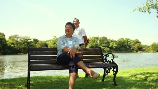 Oudere Aziatische echtpaar bruiloft blijvende liefde verjaardag verrassing: Oudere man verbergt rozen achter zijn rug Loop en geef rozen aan uw geliefde vrouw in het park met liefde, - Video