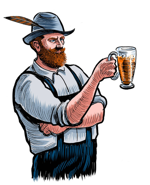 Un tedesco che beve una tazza di birra. Inchiostro disegnato a mano su carta e colorato a mano su tablet - Foto, immagini