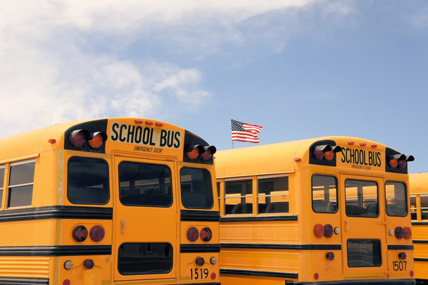 Fila de ônibus escolares americanos, EUA
 - Foto, Imagem