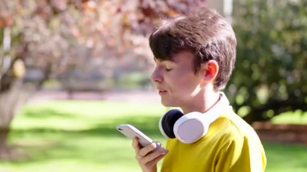 Genç çocuk dışarıda telefonla sesli mesaj yolluyor. Akıllı telefondan konuşan kişi parkta yürüyor. - Video, Çekim