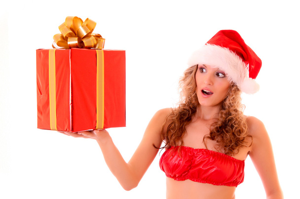 Beautiful sexy woman with gift isolated on white - Фото, зображення