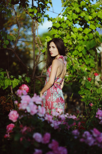 Portrét módní krásy dívka s květy růže - Fotografie, Obrázek