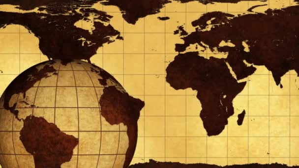 Vintage roterende wereldbol en kaart van de wereld achtergrondanimatie - Video