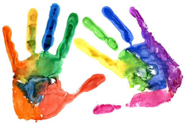 Close up of colored hand print on white - Foto, Bild