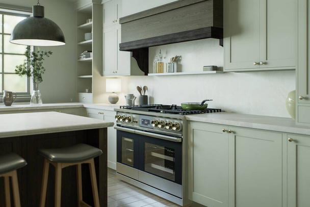 Prachtige lichte keuken in een nieuw luxe huis in een traditionele stijl. Grote keukenfornuis met oven en grote afzuigkap. 3D-weergave - Foto, afbeelding