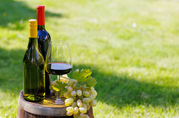 Wine bottles and grape on barrel outdoors with copy space - Photo, Image