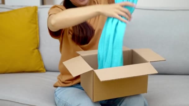 Fashion Enthusiasts Delight: A shopaholic examines her parcel of new fashion, confirming joy through e-commerce and swift express online shopping.  - Footage, Video