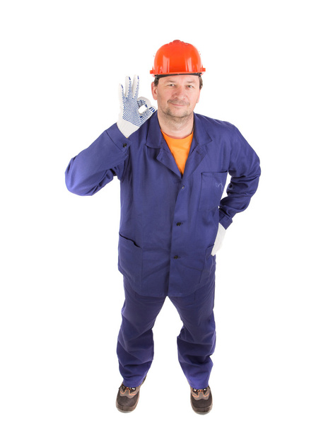 Worker showing ok sign in rubber glove. - Zdjęcie, obraz