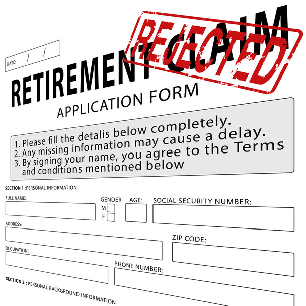 Retirement claim application form with red rejected rubber stamp - Photo, Image
