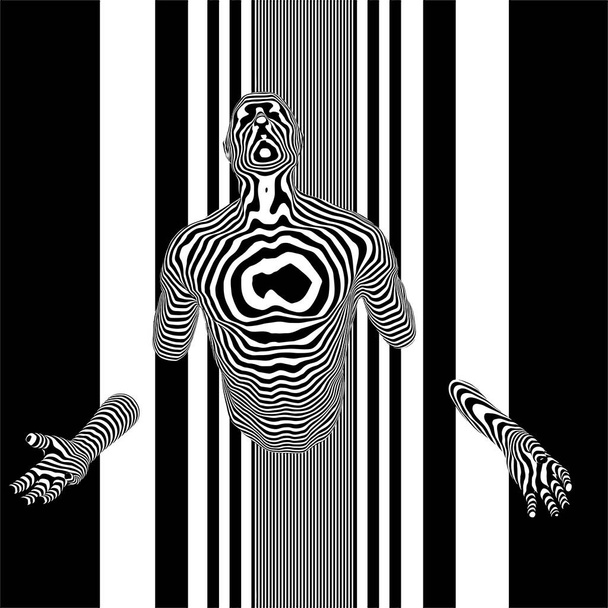 Man Torso Stuck In The Wall Line Art Vector. Stripe Drawing. Illustration Isolated On White Background. A vector illustration Of A Man. - Vector, Image