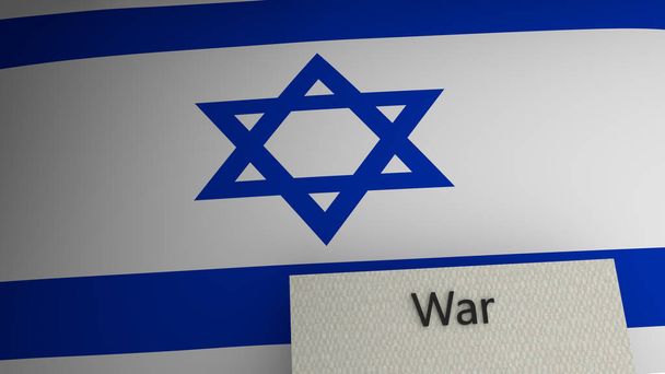 Oorlogstekst boven de vlag van Israël. 3D-weergave. Hoge kwaliteit 3d illustratie - Foto, afbeelding