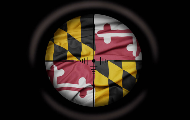 Σκοπευτής σκόπευσης με στόχο τη μεγάλη πολύχρωμη σημαία του κράτους της Maryland. έννοια - Φωτογραφία, εικόνα