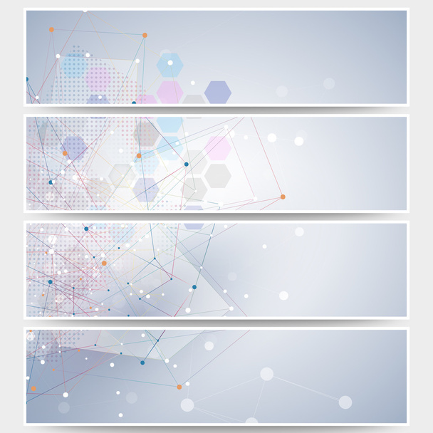 Web banners set, molecular design header layout templates. Molecule structure, blue background for communication, science vector illustration - Vector, Image