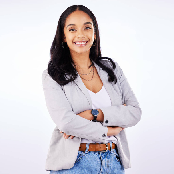 Business, woman and portrait with arms crossed, confidence and employee with pride on white background in studio. Happy, face and businesswoman with smile and working for success or administration. - Photo, Image