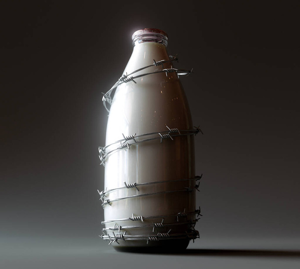 Un concept montrant une vieille bouteille de lait enveloppée dans du fil de fer barbelé sur un fond sombre et humide - rendu 3D - Photo, image