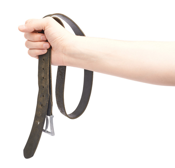 Hand holding black leather belt - Zdjęcie, obraz