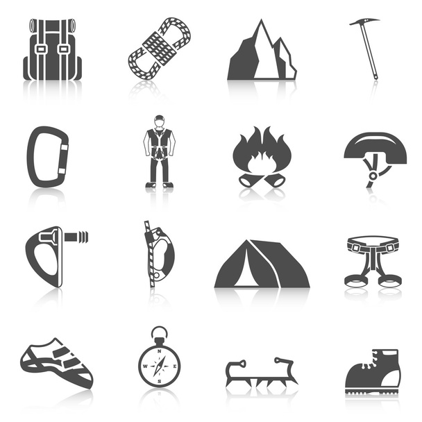 Klimmer vistuig apparatuur pictogrammen zwart - Vector, afbeelding
