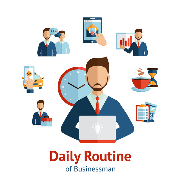 Cartel del concepto de rutina diaria de hombre de negocios
 - Vector, imagen