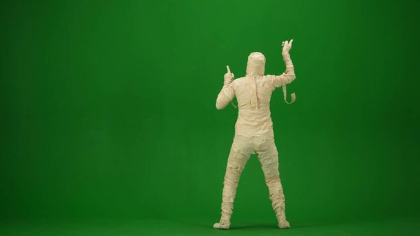 A mummy wrapped in bandages poses or dances with his arms raised. Green screen isolated chroma key. Mock up, workspace, advertisement. Full length. Back view. Halloween holidays. - Foto, imagen