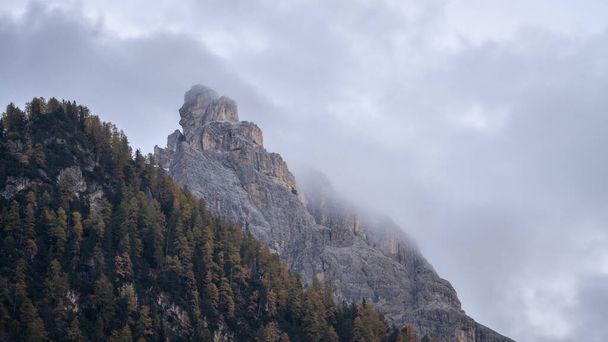 Mountain peak shrouded in fog during autumn season, Italy, Europe. - Photo, Image