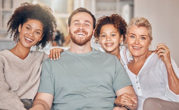 Portrait, family and parents, grandmother and kid in home, bonding and relax together in living room. Face, father and mother, girl and grandma with interracial love, happy or smile for care in house. - Photo, Image