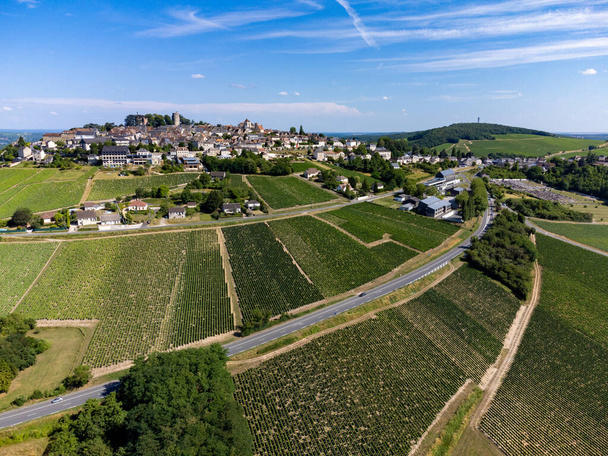 Uitzicht vanuit de lucht op groene wijngaarden rond Sancerre wijndorp, rijen sauvignon blanc druiven op heuvels met verschillende bodems, Cher, Loire vallei, Frankrijk - Foto, afbeelding