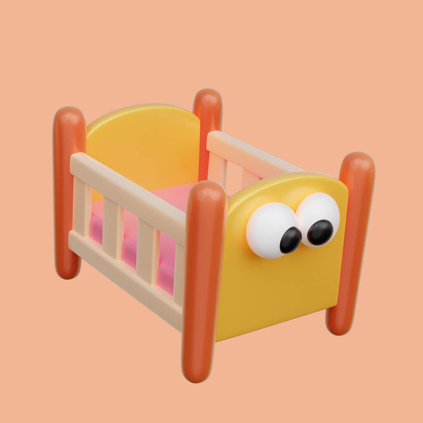 3D Baby Bed, Aranyos Baby elemek, 3D renderelés. - Fotó, kép