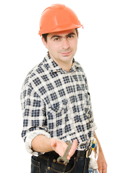Work in a helmet on a white background. - Photo, Image