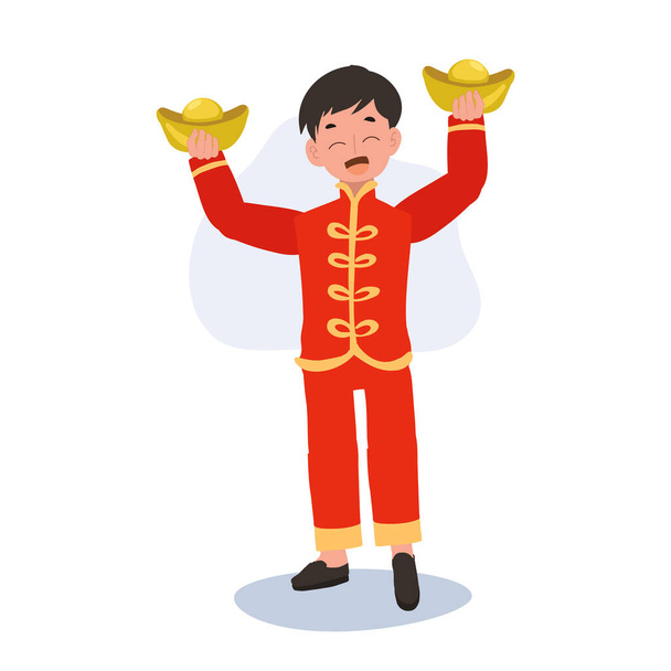 Lindo niño en vestido cultural chino celebrando año nuevo lunar con oro. Pequeño niño en traje tradicional chino con oro - Vector, Imagen