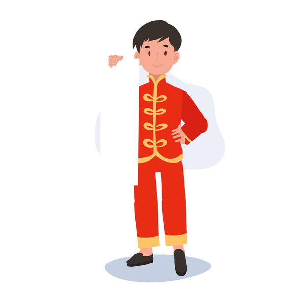 Çin Geleneksel Kostümlü Küçük Çocuk Uzun Kağıt Tutuyor. Çin Yeni Yıl Kutlaması - Vektör, Görsel