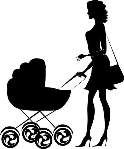 silhouet van een dame een kinderwagen duwen - Vector, afbeelding