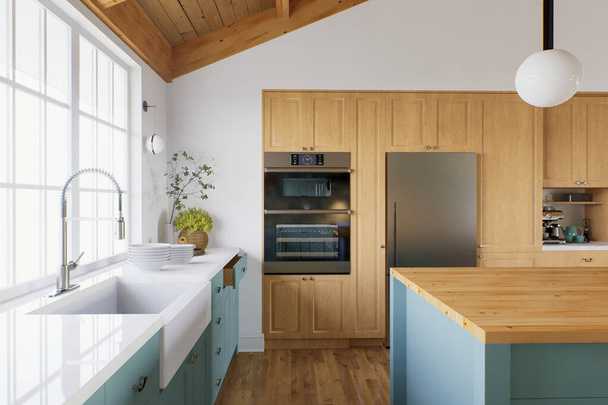 Cocina con armarios de madera y fachadas verdes, con un gran ventanal, electrodomésticos y utensilios de cocina. Acento en el fregadero de la cocina con grifo en la cocina. Renderizado 3D - Foto, imagen