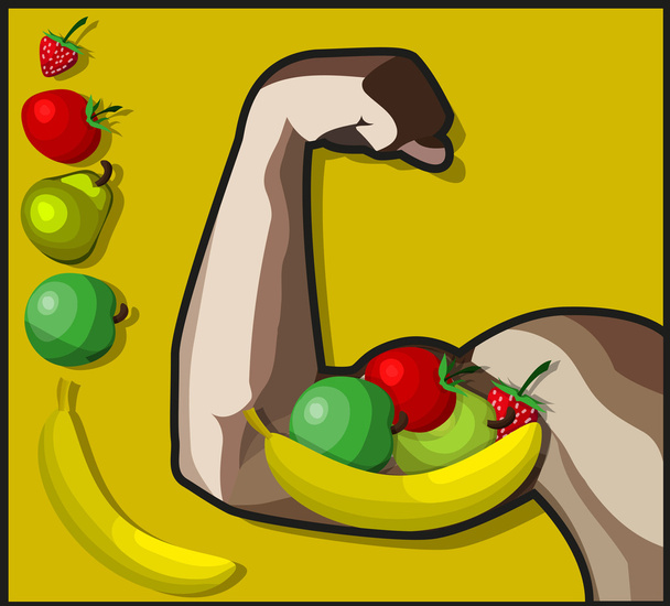 A healthy arm and a pack of vegetables and fruits - Vector, Image