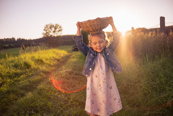 Schöne dreijährige Mädchen posiert mit einem Weidenkorb voller Äpfel auf ihrem Kopf. Ein kleines Mädchen mit einem Korb voller Äpfel auf dem Kopf auf einer sonnendurchfluteten Wiese. - Foto, Bild