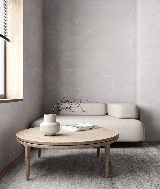 Sala de estar cinza moderno com sofá em fundo de nicho e janela. Vista moderna leve da natureza japonesa. renderização 3d. Ilustração 3d de alta qualidade. - Foto, Imagem