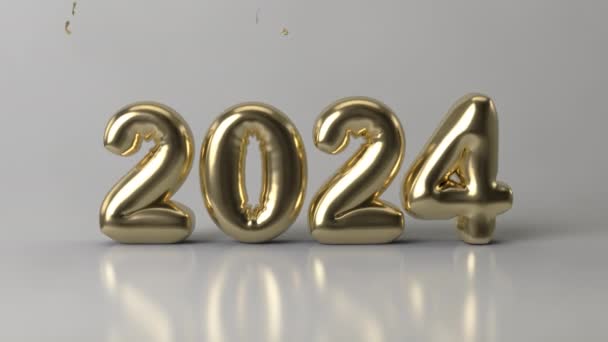 Boldog új évet 2024 arany fólia léggömbök konfettivel esik világosszürke háttér. Boldog újévi ünnepséget! 2024. év. - Felvétel, videó