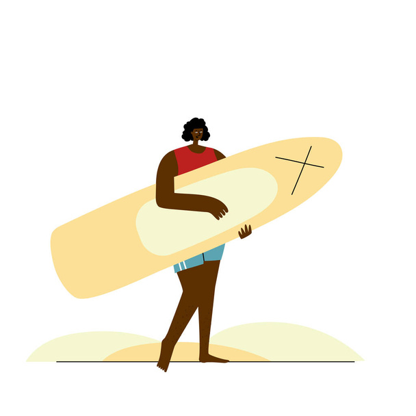 ビーチでスーパーボードを持っているアフリカ人女性. メインページのシンプルなスタイル抽象人間,ウェブサイトのバナー,モバイルアプリ,ブックカバー. . ベクトルイラスト - ベクター画像