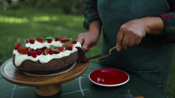 Γυναίκα λαμβάνοντας κομμάτι από νόστιμο σπιτικό κέικ σοκολάτας με κόκκινα μούρα από το τραπέζι χρησιμοποιώντας μια σπάτουλα κουζίνας στο καλοκαιρινό κήπο. Υψηλής ποιότητας υλικό FullHD - Πλάνα, βίντεο