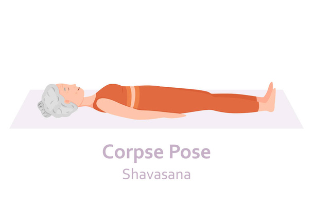 Ceset Yogası pozu. Shavasana. Yoga yapan yaşlı bir kadın. Sağlıklı bir yaşam tarzı. Düz çizgi film karakteri. Vektör illüstrasyonu - Vektör, Görsel