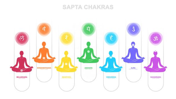 sapta chakra com meditação pose humana Ilustração, Les Sept Chakras, práticas espirituais e meditação - Foto, Imagem