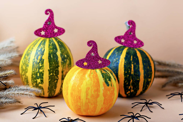 Halloween. Tres hermosas calabazas de rayas pequeñas en sombreros rojos rodeadas de arañas negras de miedo y hierba seca sobre fondo beige - Foto, Imagen