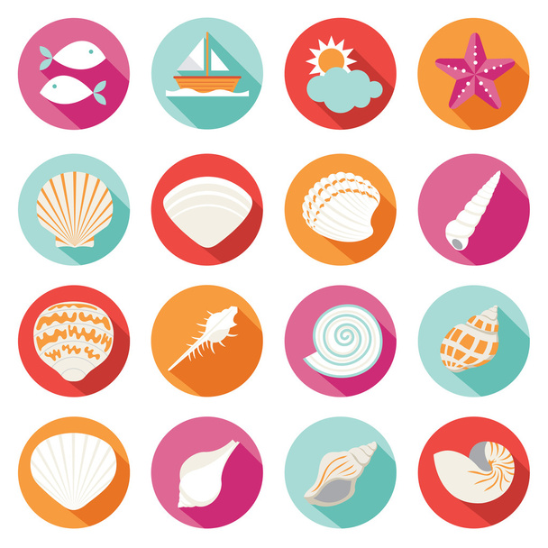 Sea Shell Flat and Summer Icons Set - Вектор,изображение